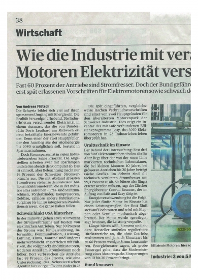 «Wie die Industrie mit veralteten Motoren Elektrizität verschwendet» (Tages-Anzeiger 09/13)